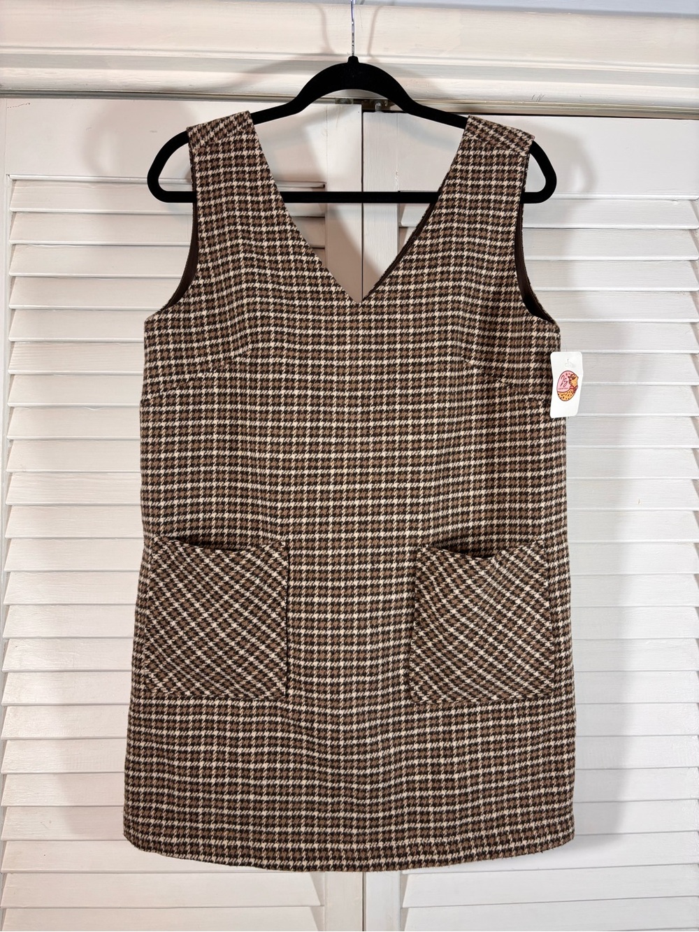 Kori America Houndstooth V-Neck Jumper Dress Brown Cream Size Small Academia